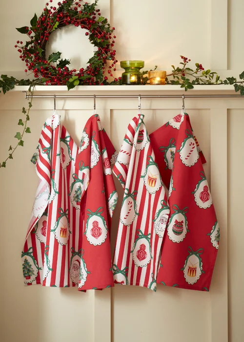 Catherine Lansfield Christmas Vintage Stripe Cotton 50x70cm Kitchen Tea Towel Pack of 4 Red - One Size Image 2