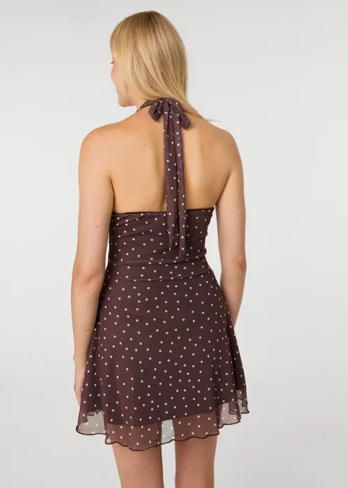 Pink Vanilla Brown Polka Dot Halter Mini Dress - L Image 4