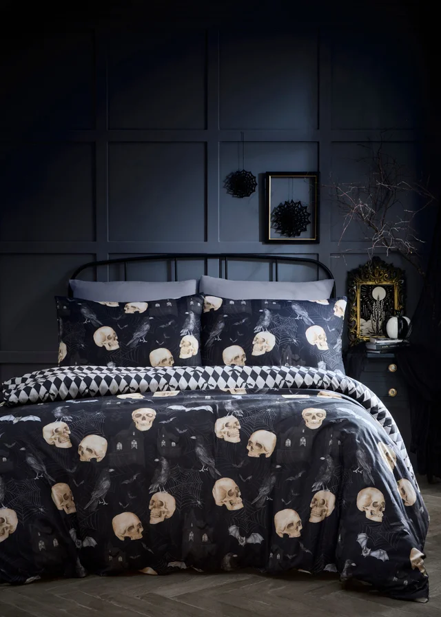 Fusion Gothic Skulls Digitally Printed Black Duvet Cover Set