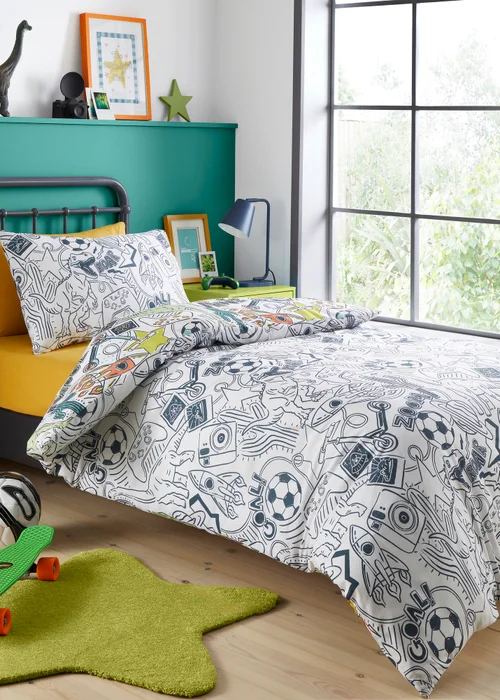 Bedlam Doodle Zoom Kids Reversible Multi Colour Duvet Cover Set - Single Image 4
