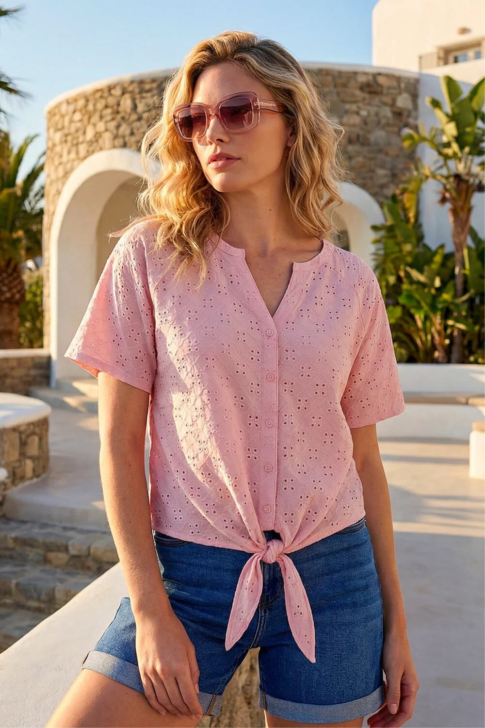 Roman Pink V-Neck Broderie Stretch Jersey Tie Front Top - 18 Image 1
