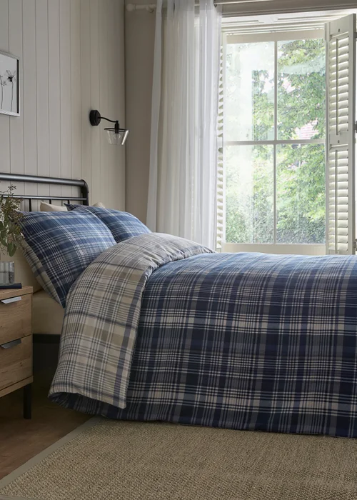 Dreams & Drapes Bennet Check Brushed Navy Duvet Cover Set - Single Image 4
