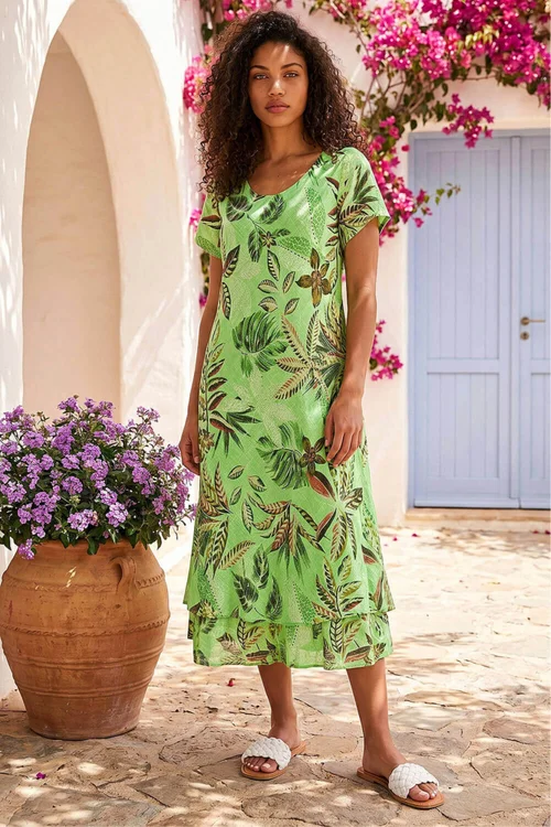 Roman Lime Petite Leaf Print Layered Hem Dress - M Image 1
