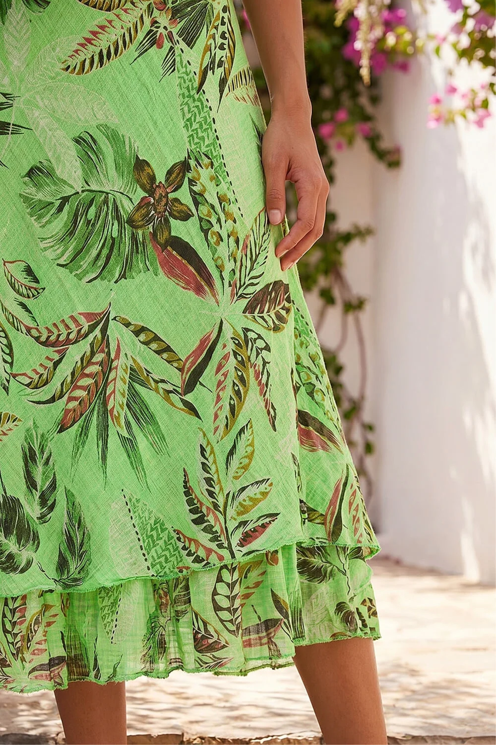 Roman Lime Petite Leaf Print Layered Hem Dress - M Image 4