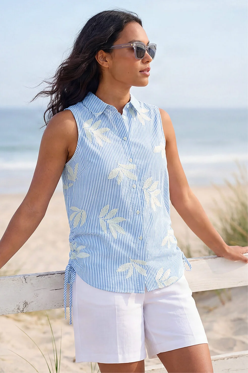 Roman Blue Stripe Leaf Embroidered Button Up Blouse - 10 Image 1