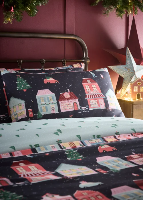 Fusion Christmas Houses Super Soft Navy Duvet Cover Set - Single Image 2