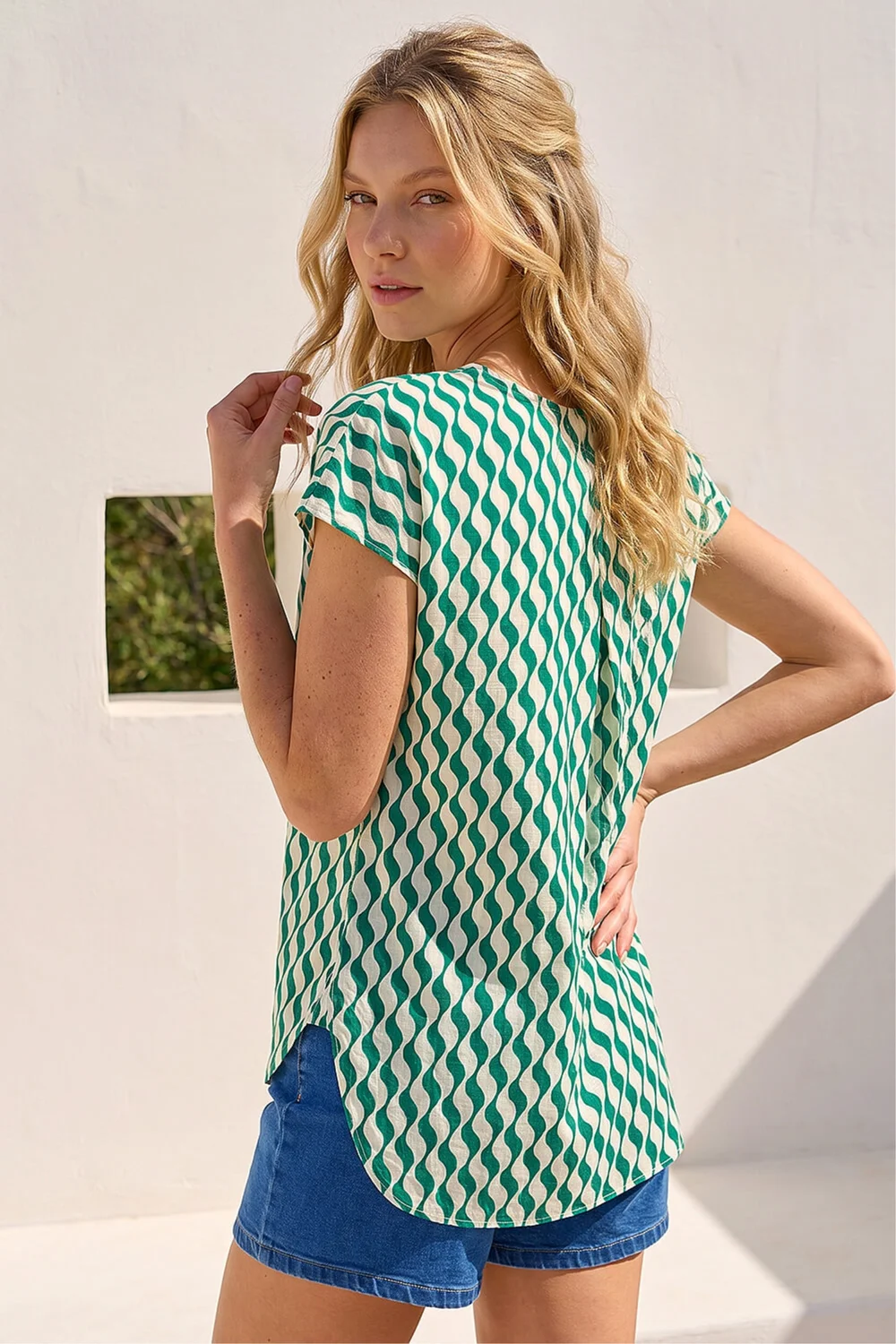 Roman Green Wave Stripe Print V-Neck Top - 10 Image 3