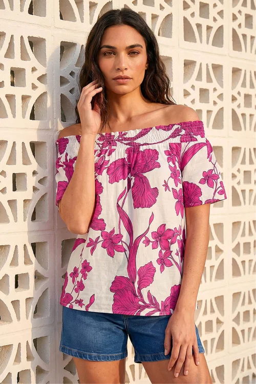 Roman Magenta Floral Print Bardot Top - 18 Image 1