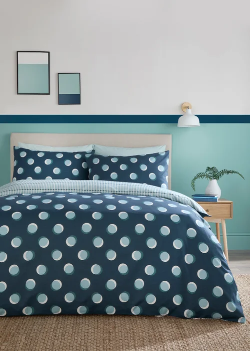 Fusion Polka Spot Reversible Blue Duvet Cover Set - Single Image 1