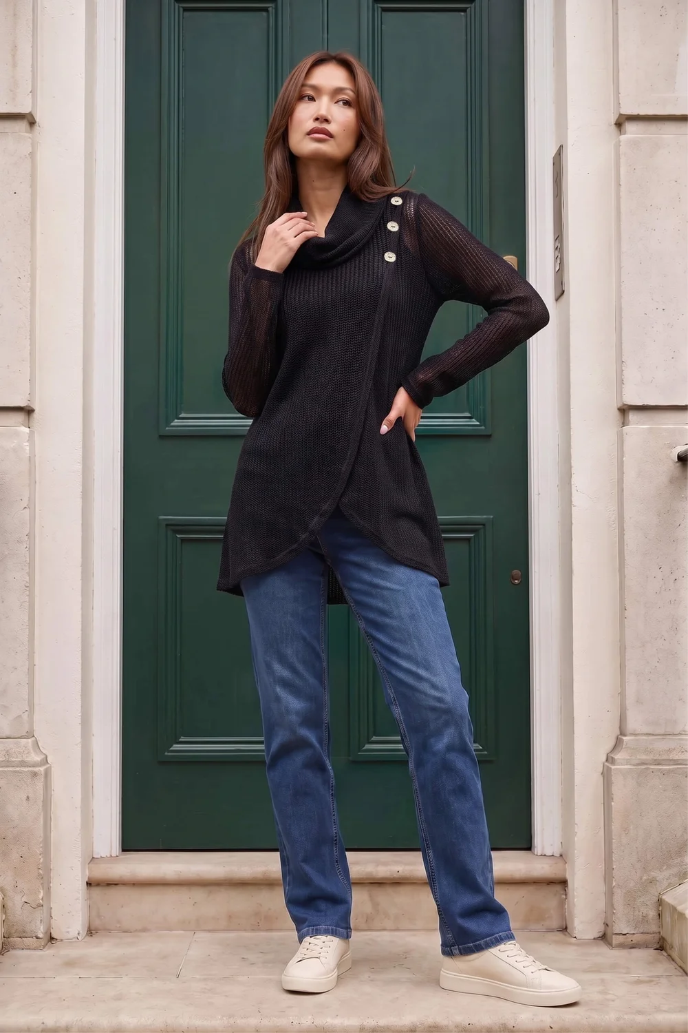 Roman Black Stretch Jersey Textured Buttoned Top - 18 Image 4
