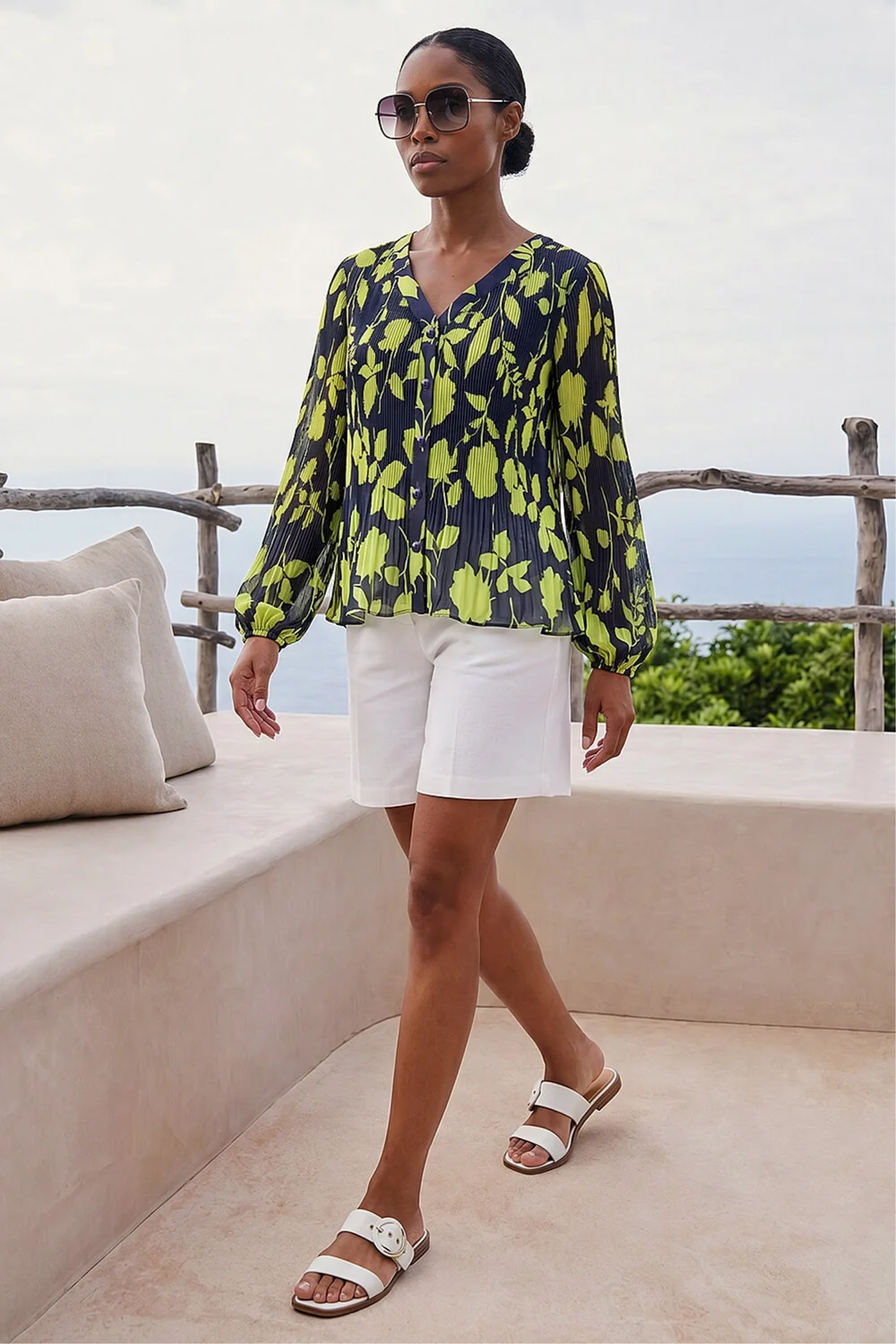 Roman Navy Floral Print Pleated Blouse - 10 Image 3