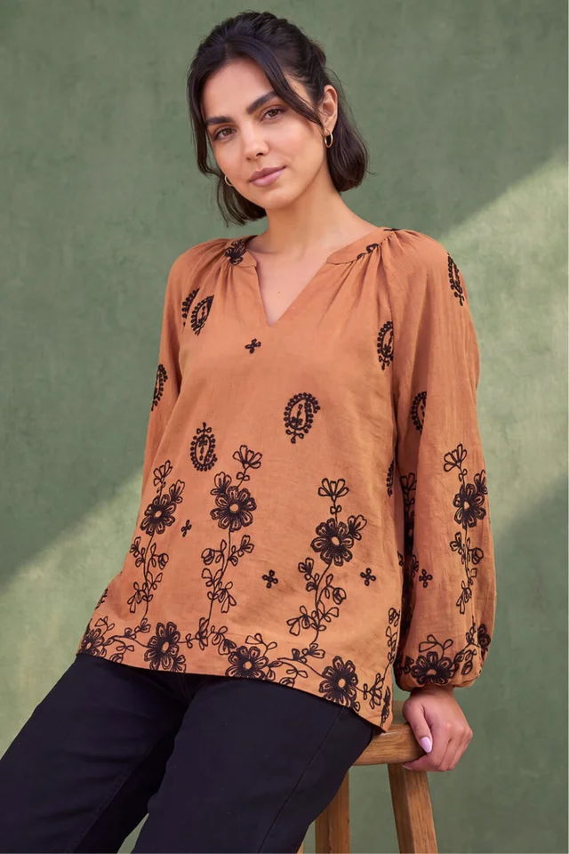 Roman Tan Floral Embroidered Top