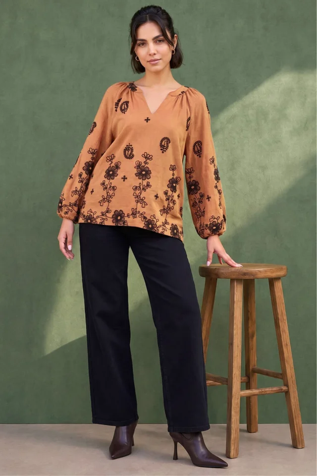 Roman Tan Floral Embroidered Top