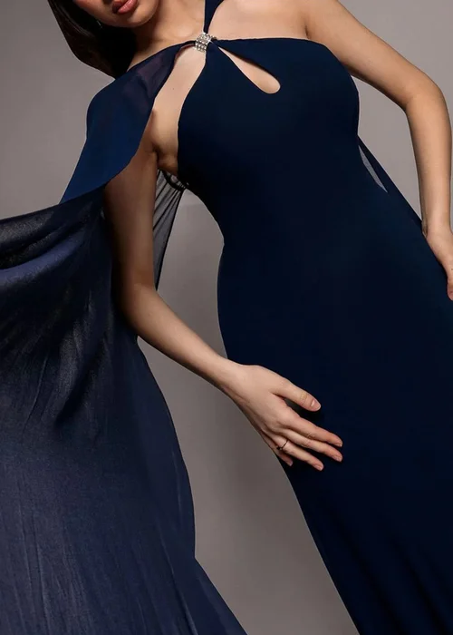 Goddiva Navy Multiway Cape Chiffon With Embellished Trim Maxi Dress - 14 Image 4