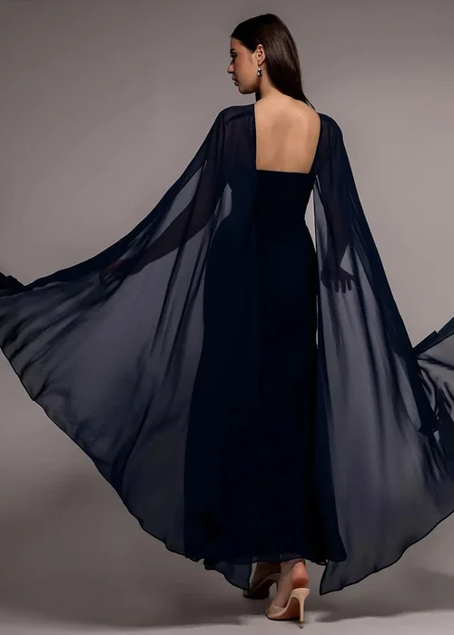 Goddiva Navy Multiway Cape Chiffon With Embellished Trim Maxi Dress - 14 Image 2