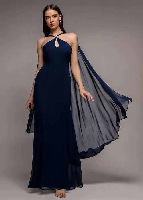Goddiva Navy Multiway Cape Chiffon With Embellished Trim Maxi Dress - 14 Image 3
