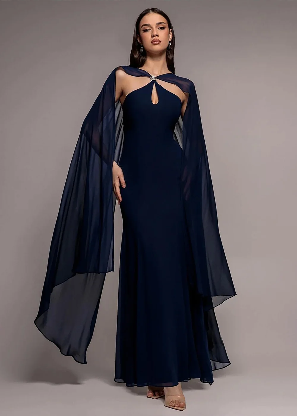 Goddiva Navy Multiway Cape Chiffon With Embellished Trim Maxi Dress - 14 Image 1