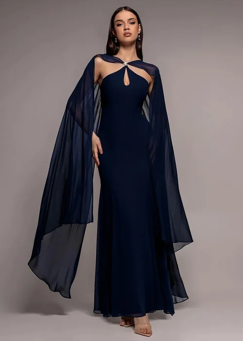 Goddiva Navy Multiway Cape Chiffon With Embellished Trim Maxi Dress - 14 Image 1