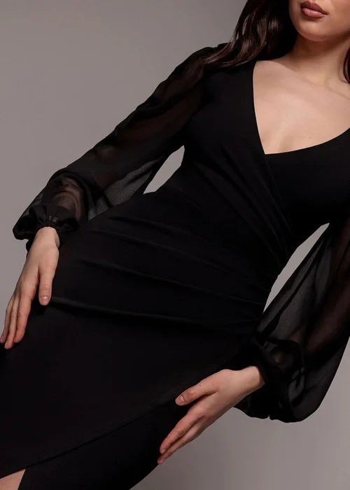 Goddiva Black Scuba & Chiffon Balloon Sleeve Wrap Midi Dress - 12 Image 3