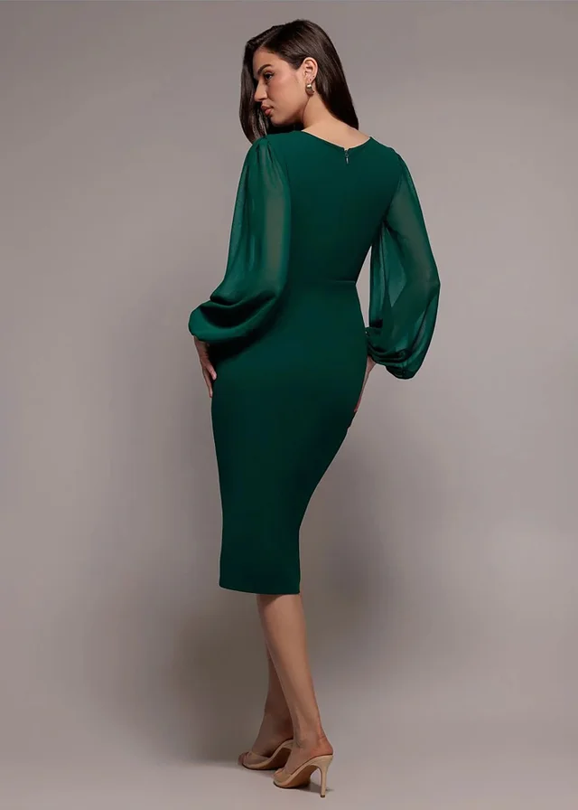 Goddiva Emerald Green Scuba & Chiffon Balloon Sleeve Wrap Midi Dress