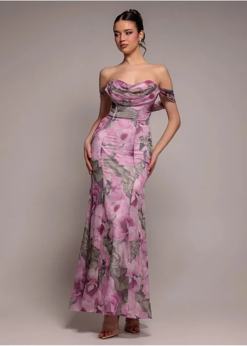 Goddiva Blush Cowl Neck Floral Print Jacquard Chiffon Maxi Dress - 6 Image 1