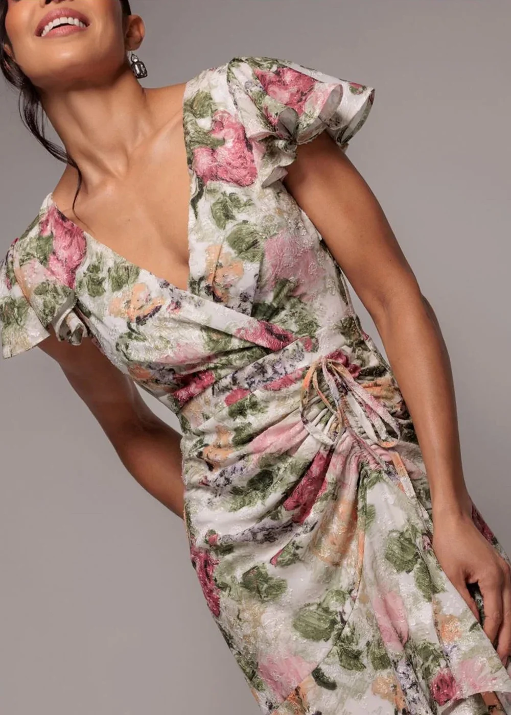 Goddiva Cream Floral Wrap High & Low Midaxi Dress - 8 Image 3