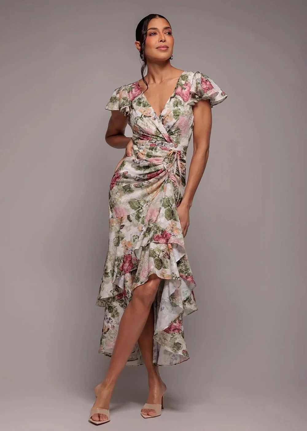Goddiva Cream Floral Wrap High & Low Midaxi Dress - 8 Image 2