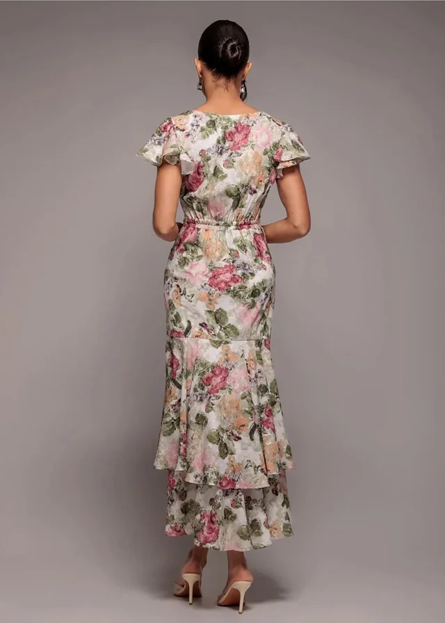 Goddiva Cream Floral Wrap High & Low Midaxi Dress