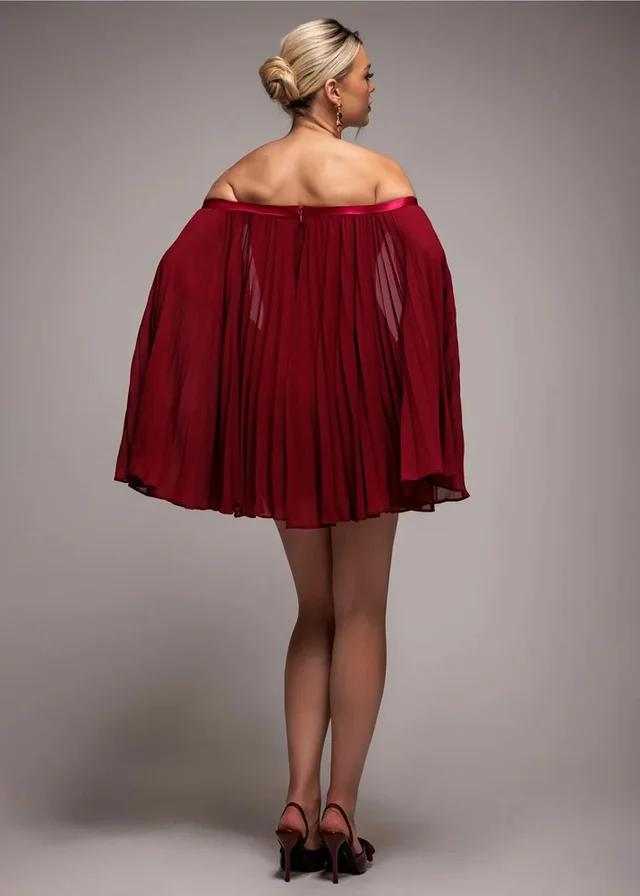 Goddiva Burgundy Red Strapless Mini Dress With Pleated Chiffon Cape