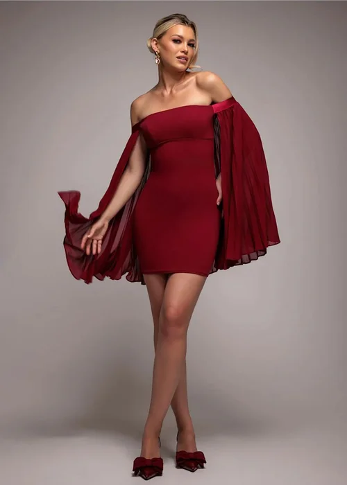 Goddiva Burgundy Red Strapless Mini Dress With Pleated Chiffon Cape - 10 Image 1