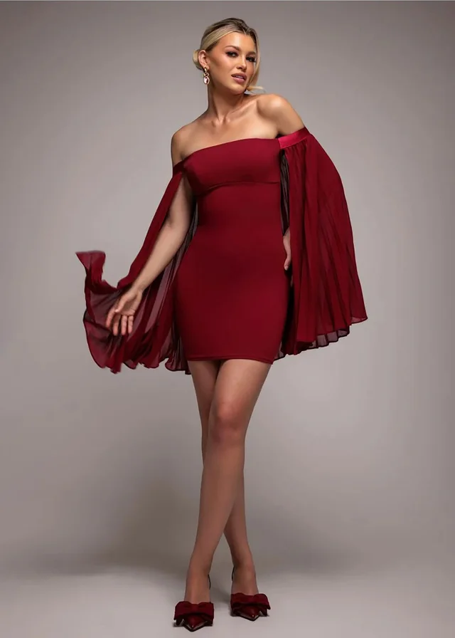 Goddiva Burgundy Red Strapless Mini Dress With Pleated Chiffon Cape