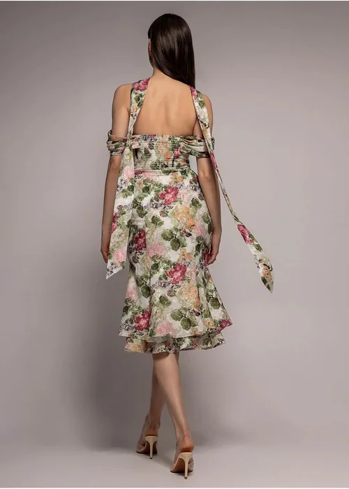 Goddiva Cream Cowl Neck Floral Print Jacquard Chiffon Tiered Midi Dress - 6 Image 2