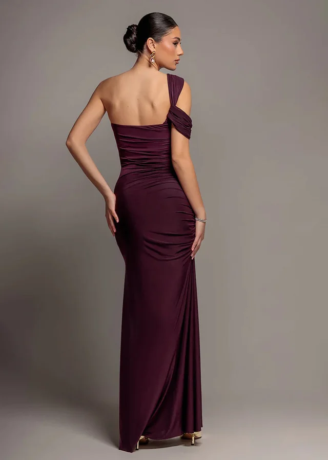 Goddiva Burgundy One Shoulder Asymmetric Twist Maxi Dress