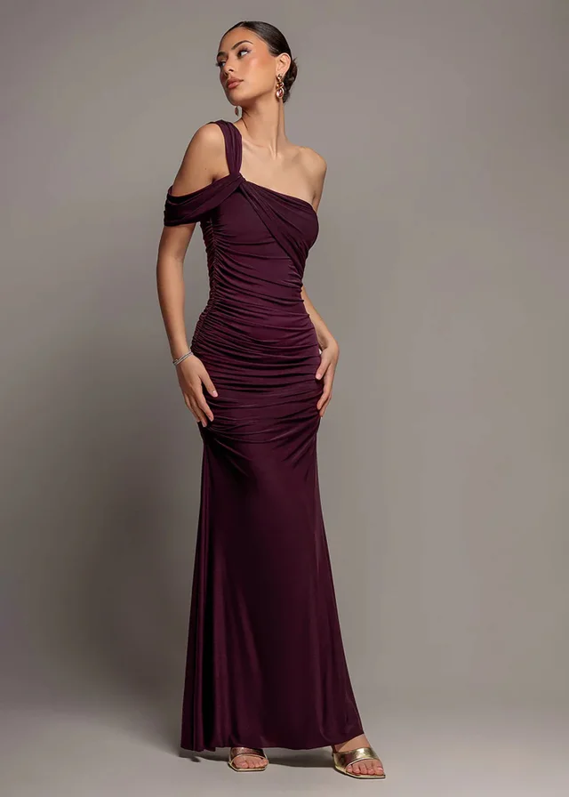 Goddiva Burgundy One Shoulder Asymmetric Twist Maxi Dress