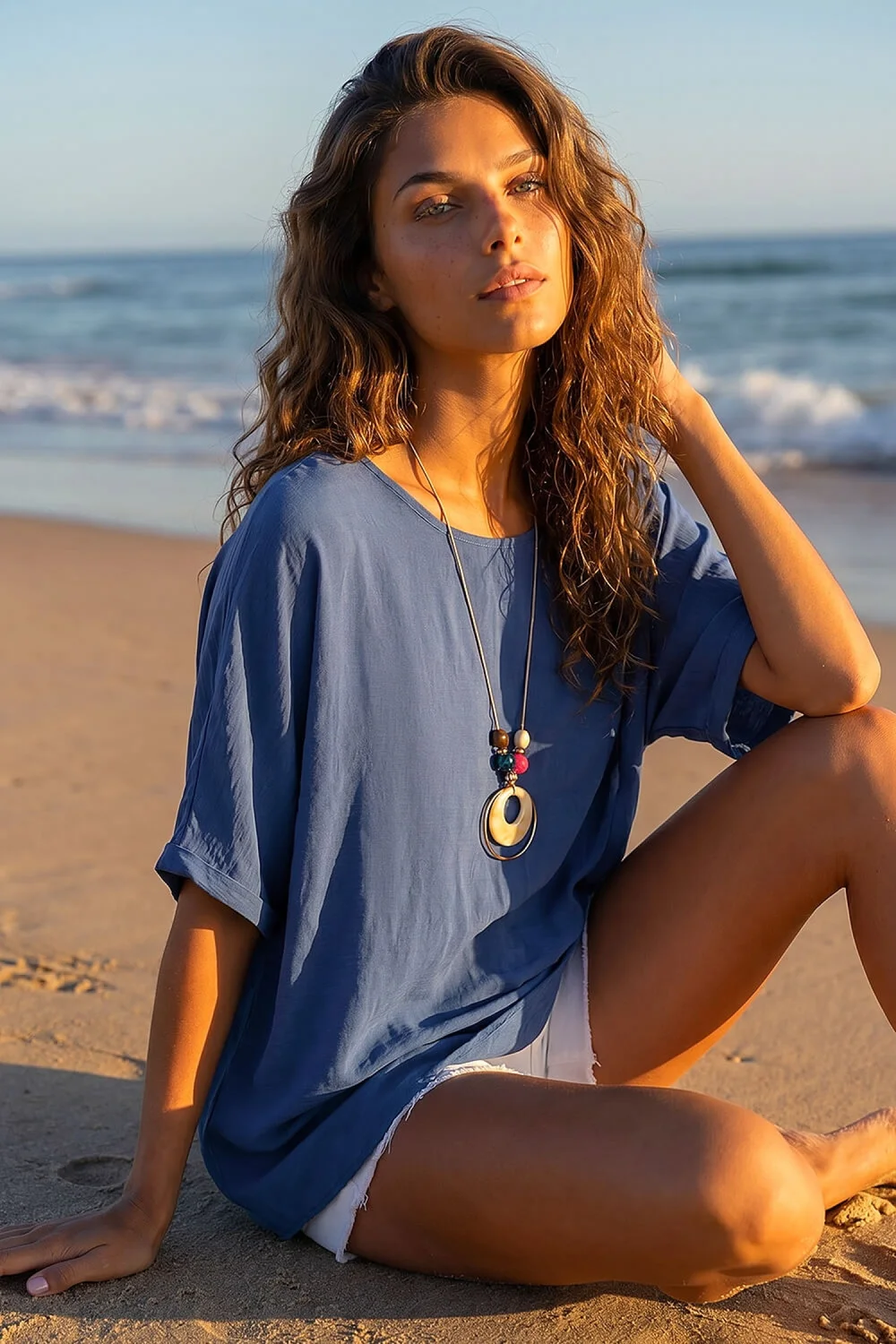 Roman Blue Tunic Top with Necklace - M Image 2