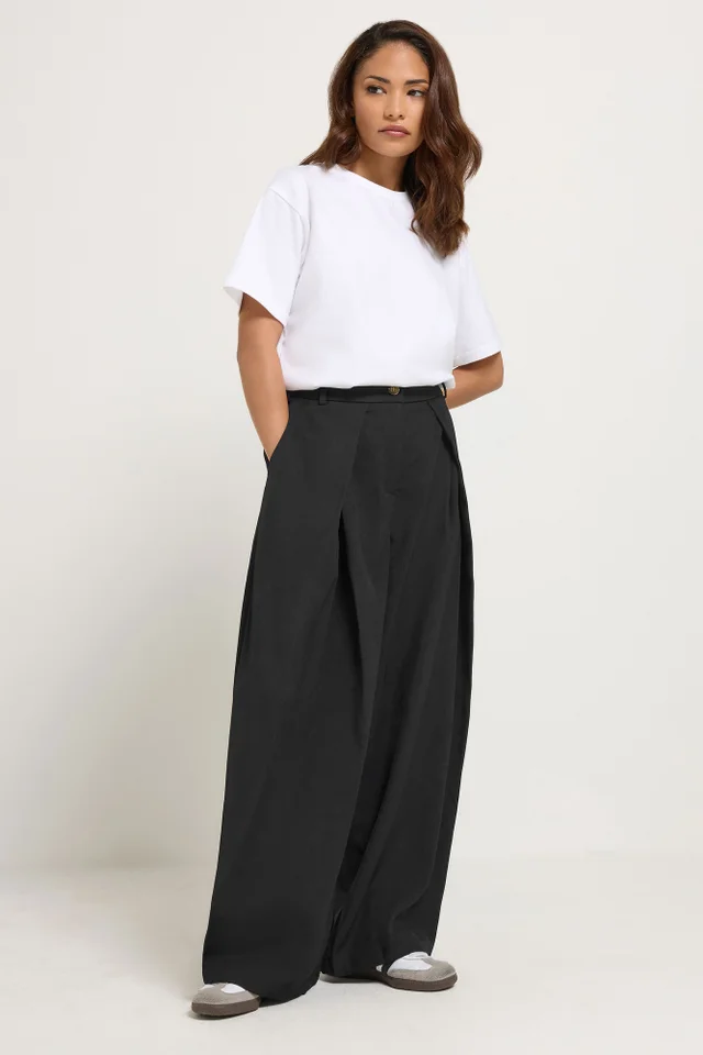 PixieGirl Petite Black Wrap Pleated Wide Leg Trousers