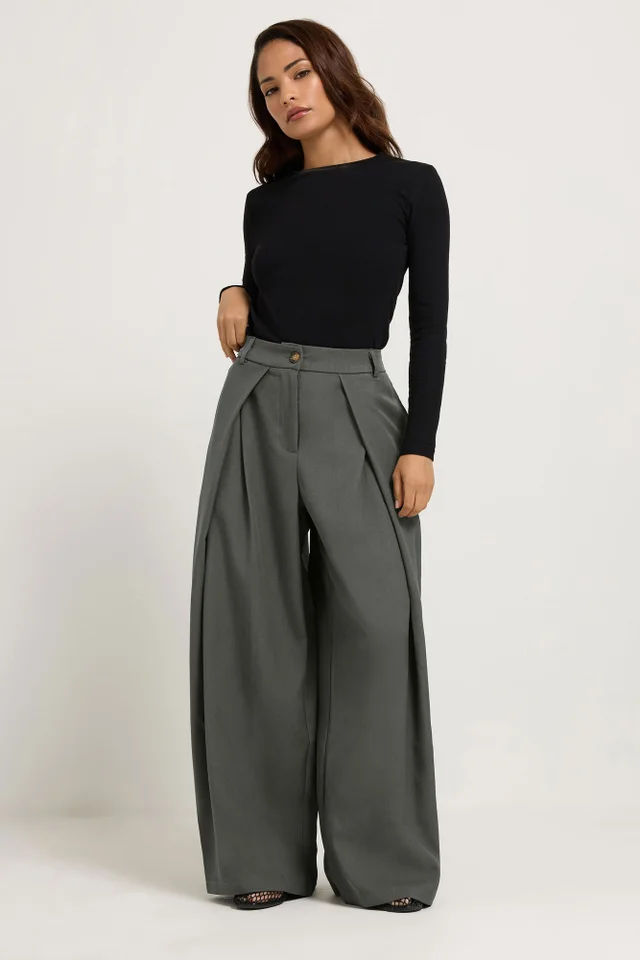PixieGirl Petite Grey Wrap Pleated Wide Leg Trousers