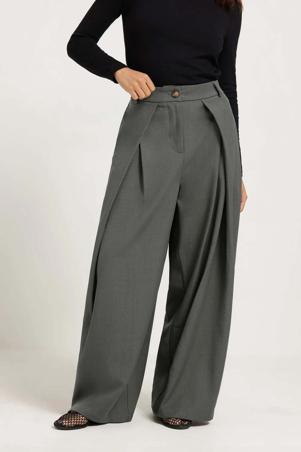 PixieGirl Petite Grey Wrap Pleated Wide Leg Trousers - 10/L27 Image 2