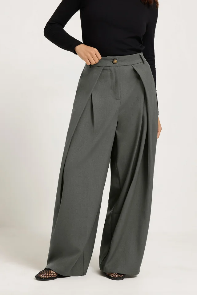 PixieGirl Petite Grey Wrap Pleated Wide Leg Trousers