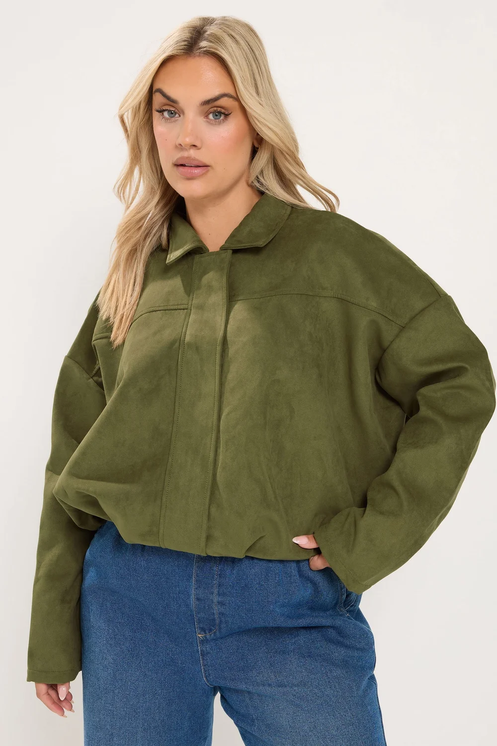 Yours Curve Khaki Green Suedette Bomber Jacket - 34-36 Image 1