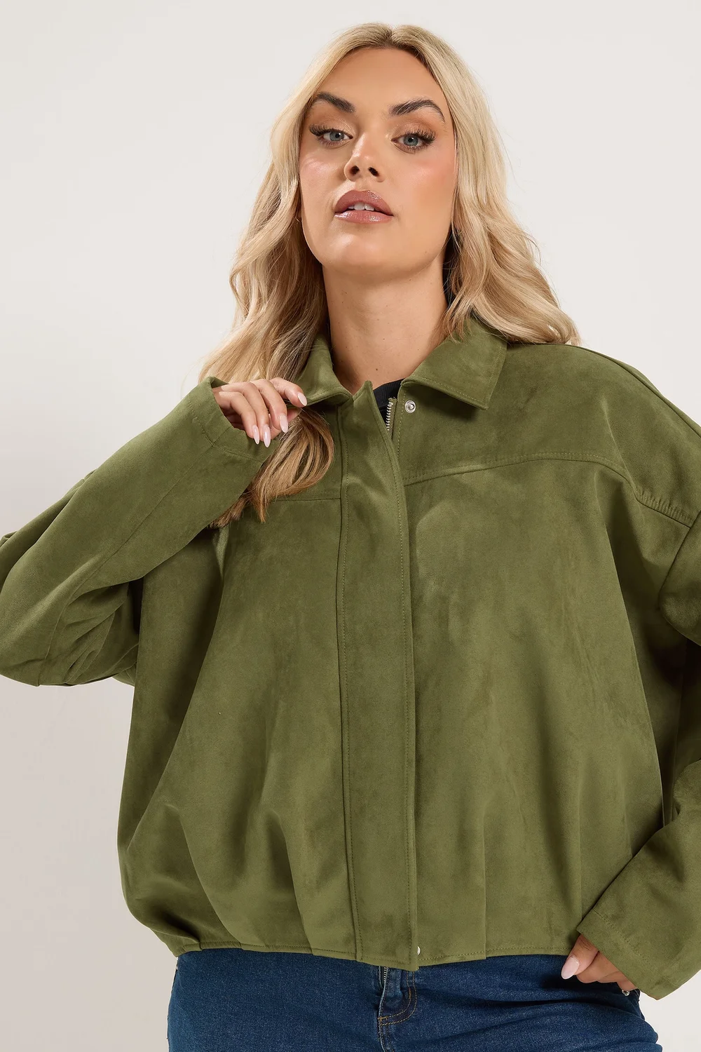 Yours Curve Khaki Green Suedette Bomber Jacket - 34-36 Image 2