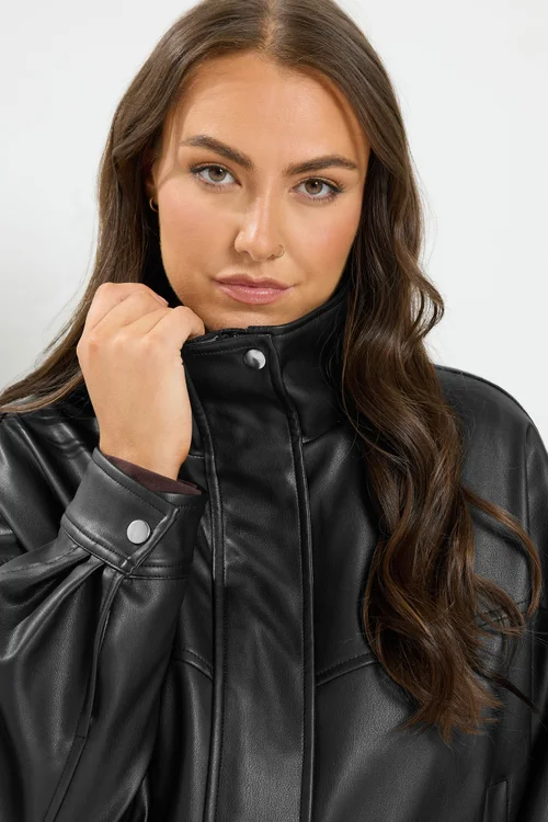 Yours Curve Black Faux Leather Funnel Neck Jacket - 30-32 Image 4