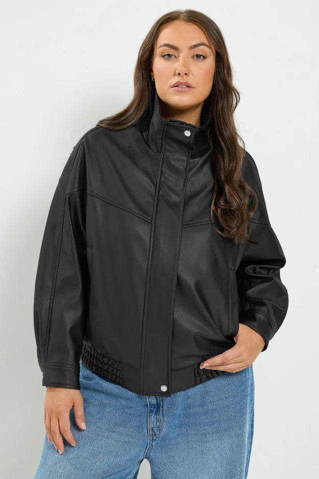 Yours Curve Black Faux Leather Funnel Neck Jacket
