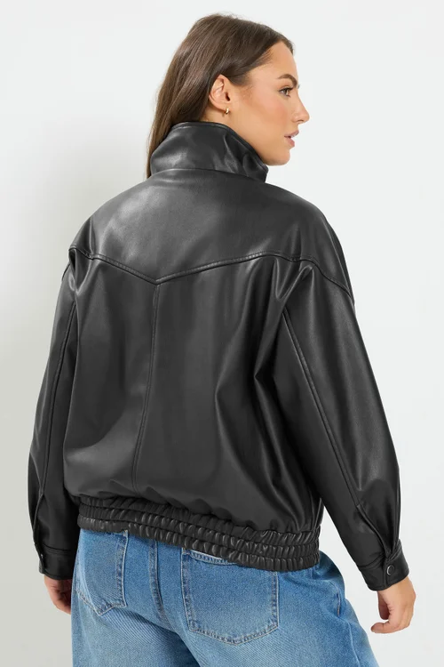 Yours Curve Black Faux Leather Funnel Neck Jacket - 30-32 Image 3