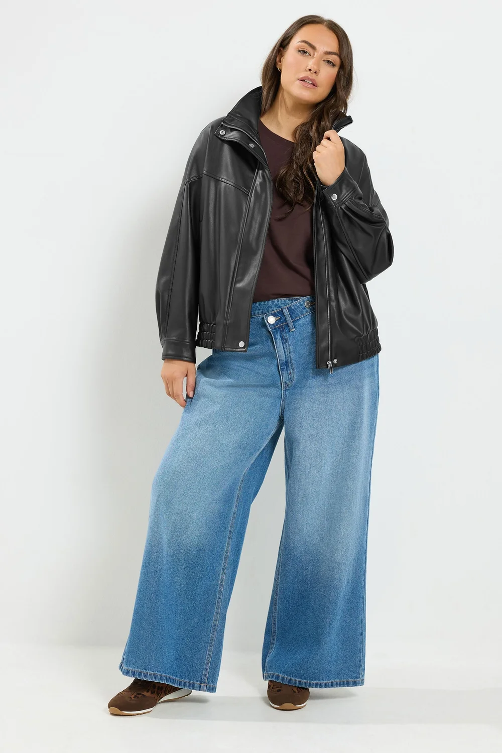 Yours Curve Black Faux Leather Funnel Neck Jacket - 30-32 Image 2
