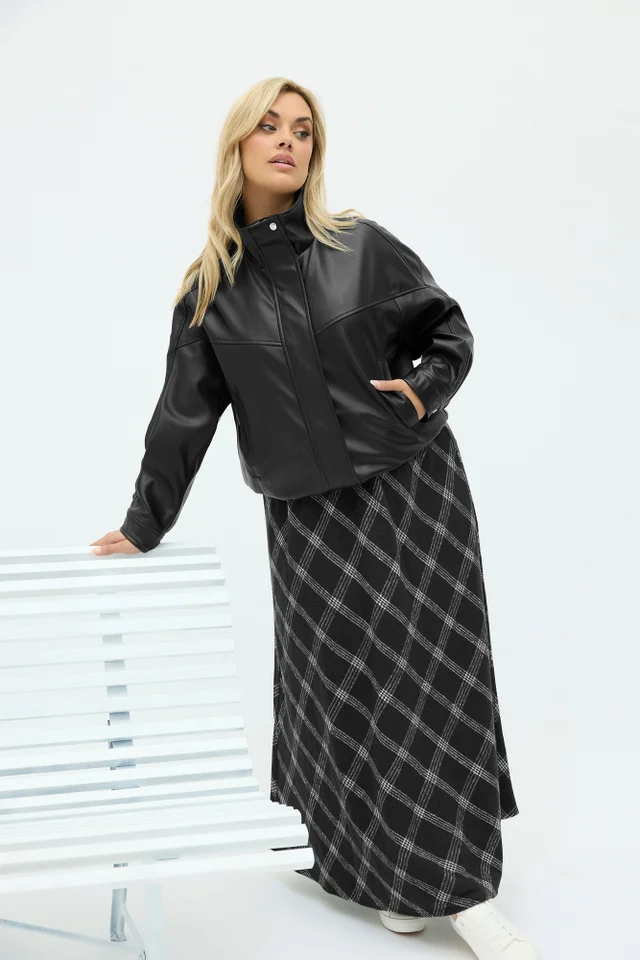 Yours Curve Black Faux Leather Funnel Neck Jacket