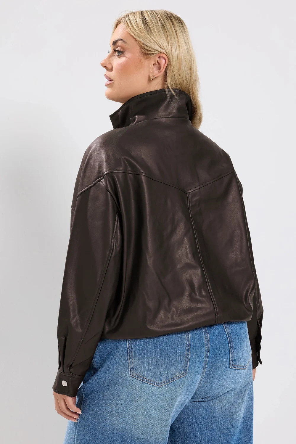 Yours Curve Chocolate Brown Faux Leather Funnel Neck Jacket - 20 Image 3