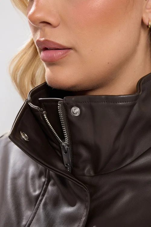Yours Curve Chocolate Brown Faux Leather Funnel Neck Jacket - 20 Image 4