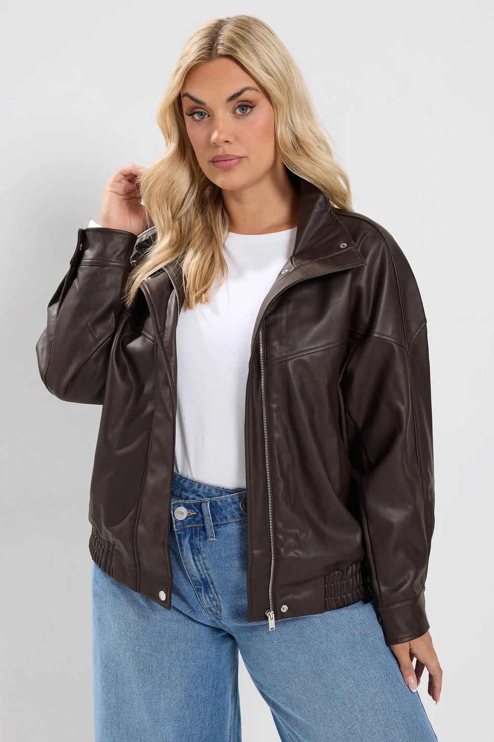 Yours Curve Chocolate Brown Faux Leather Funnel Neck Jacket - 20 Image 1