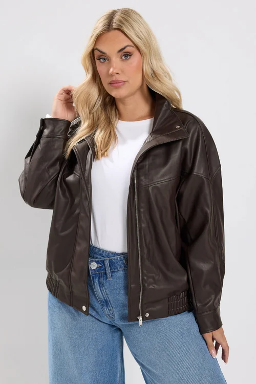 Yours Curve Chocolate Brown Faux Leather Funnel Neck Jacket - 20 Image 1